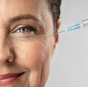 smiley elder woman using injection her eye wrinkles Gençlik Aşısı Nedir? Kimler İçin Uygundur?